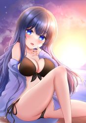 ass bikini black_bikini black_hair blue_eyes blush breasts hand_on_own_face highres long_hair looking_at_viewer misumi_aoi ocean ongeki open_mouth shirt sitting sunset swimsuit t-shirt tenshoo