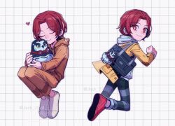 1boy artist_name bag bird closed_eyes closed_mouth commentary english_commentary goggles goggles_around_neck heart highres hood hood_down hooded_jacket hugging_doll hugging_object jack_7274 jacket looking_at_viewer lufel_(p5x) male_focus multiple_views onesie owl persona persona_5 persona_5:_the_phantom_x red_hair red_shoes shoes shoulder_bag smile socks stuffed_animal stuffed_toy white_socks wonder_(p5x) yellow_jacket