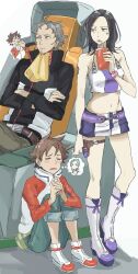 2boys 2girls annoyed ascot bare_shoulders belt belt_buckle belt_pouch black_jacket blue_pants blush_stickers boots brown_belt brown_hair brown_pants buckle closed_eyes closed_mouth crop_top crossed_arms cup disposable_cup eureka_(eureka_seven) eureka_seven eureka_seven_(series) facial_hair goatee grey_eyes grey_hair high_collar highres holding holding_cup holland_novak holster interlocked_fingers jacket knees_up long_sleeves looking_to_the_side medium_hair midriff miniskirt multiple_boys multiple_girls navel own_hands_together pants pants_rolled_up parted_lips pilot_chair pouch renton_thurston rueisi_(namezari) shirt shoes short_hair simple_background sitting skirt sleeveless sleeveless_shirt sneakers speech_bubble spoken_character standing talho_yuuki thigh_holster thigh_strap thought_bubble white_background white_footwear white_jacket yellow_ascot yellow_eyes