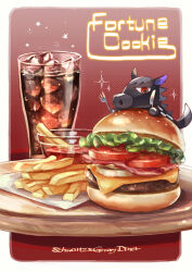 1boy animal_crossing border bowl bread_bun burger character_name cheese cola commentary_request cup food food_focus fork french_fries furry furry_male halftone halftone_background highres holding holding_fork holding_knife horse_boy ice ice_cube ketchup knife lettuce looking_at_viewer napkin nintendo onion outside_border red_eyes red_footwear roscoe_(animal_crossing) simple_background soda solo sparkle suzaku_(zaku6584) tomato tomato_slice tray white_border