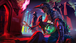 absurdres black_coat black_footwear black_gloves black_hair city coat gang gloves goth_fashion green_eyes highres hing holding holding_staff hospital male_focus mask neon_lights nightgown original piercing plague_doctor plague_doctor_mask poison respirator staff synthwave teeth virtual_youtuber zacarin_hobbiton
