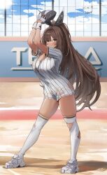 1girl absurdres ball baseball baseball_(object) baseball_field baseball_glove baseball_jersey baseball_stadium baseball_uniform blush breasts brown_hair cleavage closed_mouth dark-skinned_female dark_skin goddess_of_victory:_nikke highres holding jersey kneehighs large_breasts long_hair looking_at_viewer noir_(baseball_cheerleader)_(nikke) noir_(nikke) official_alternate_costume ponytail shirt short_sleeves socks solo sportswear striped_clothes striped_shirt ticker_(kks2ksy) vertical-striped_clothes vertical-striped_shirt very_long_hair white_shirt white_socks wrist_cuffs yellow_eyes