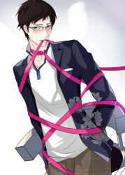 1boy arms_behind_back artist_request atsuta_yuzuru bdsm blue_jacket blush bondage bound bound_wrists brown_hair brown_pants dress_shirt facing_to_the_side floral_print glasses grey_eyes highres jacket looking_to_the_side male_focus non-web_source open_clothes open_jacket pants pink_ribbon ribbon shin_megami_tensei shin_megami_tensei_v shirt source_request stage tied_up_(nonsexual) white_background white_shirt