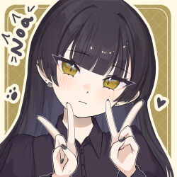 1girl absurdres black_hair black_nails black_shirt blue_hair blunt_bangs blush border brown_background cauli character_name closed_mouth collared_shirt colored_inner_hair commentary double_v ear_piercing earrings english_commentary fingernails grid_background hair_intakes hands_up head_tilt heart highres inset_border jewelry long_hair long_sleeves looking_at_viewer multicolored_hair multiple_earrings nail_polish noa_(cauli) original outline outside_border paw_print piercing portrait shirt smile solo v white_border white_outline yellow_eyes