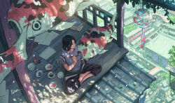 1girl absurdres architecture artist_name barefoot black_hair black_pants book building city cityscape dappled_sunlight day east_asian_architecture fantasy from_above highres holding indian_style koi lantern leaf open_book original outdoors pants paper plant plate railing rooftop ryon40716441 scenery shade shadow short_hair short_sleeves signature sitting solo stairs sunlight surreal tree tree_shade wide_shot wind_chime