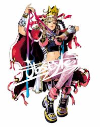 1girl artist_name blonde_hair cape crown jbstyle lili_(tekken) midriff pink_thighhighs red_cape sitting solo tekken thigh_strap thighhighs white_background
