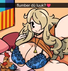 1girl blonde_hair bra clothes_lift mole mole_under_eye murgoten shirt_lift stella_(murgoten) underwear