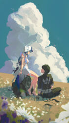 1boy 1girl absurdres armlet bandaged_hand bandages bare_legs black_gloves black_hair black_jacket black_pants blue_dress blue_hair blue_sky blue_veil cloud cloudy_sky commentary cumulonimbus_cloud dress field flower flower_field gloves heel-less_heels highres jacket jewelry korean_commentary looking_at_another male_rover_(wuthering_waves) medium_hair on_grass on_rock pants purple_flower pyo_79 rover_(wuthering_waves) shorekeeper_(wuthering_waves) sitting sky sleeveless sleeveless_dress two-tone_veil veil white_flower white_veil wuthering_waves