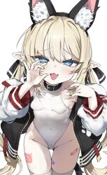 1girl :3 animal_ears belt_collar black_collar blonde_hair blue_eyes breasts cat_ears collar commentary commission covered_navel fake_animal_ears fang hanakonenne highleg highleg_leotard highres jacket leotard long_hair long_sleeves looking_at_viewer open_mouth original pointy_ears puffy_long_sleeves puffy_sleeves simple_background skin_fang small_breasts solo standing tail thighhighs twintails very_long_hair white_background white_jacket white_leotard white_thighhighs