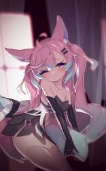 1girl ahoge animal_ears bad_source bare_shoulders black_gloves black_thighhighs blush breasts closed_mouth curtains elbow_gloves fox_ears fox_girl fox_tail gloves gradient_hair hair_between_eyes hair_ornament hairclip half-closed_eye highres holding_own_tail indie_virtual_youtuber indoors leotard long_bangs long_hair multicolored_hair official_art one_eye_closed pink_hair purple_eyes sidelocks sleeveless solo tail teletha_(vtuber) thighhighs very_long_hair virtual_youtuber window