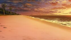 beach cloud cloudy_sky footprints forest glowing gradient_background gradient_sky grass highres horizon nature no_humans non-web_source official_art our_life:_beginnings_and_always palm_tree sand scenery sky sunlight sunset tree water