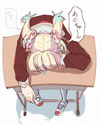 Rule 34 | 1girl, blonde hair, blue hair, brown dress, crying, desk, dress, face down, flower, full body, gradient hair, grey socks, hair flower, hair ornament, hasu no sora school uniform, highres, link! like! love live!, long hair, long sleeves, love live!, multicolored hair, osawa rurino, pink flower, red shoes, sailor collar, sailor dress, school desk, school uniform, shoes, simple background, sitting, skt (ryxxxxx), socks, solo, speech bubble, talking on phone, translation request, twintails, uwabaki, virtual youtuber, white background, white sailor collar, winter uniform