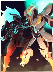 1boy 1girl absurdres claws commentary crossover eiyuu_densetsu english_commentary fiery_hair glowing glowing_eyes grendel_(eiyuu_densetsu) highres honkai:_star_rail honkai_(series) james_(sirjames079) kuro_no_kiseki_(series) sam_(honkai:_star_rail) van_arkride