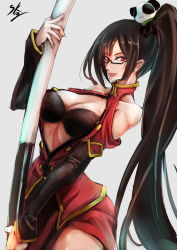 1girl :&lt; bare_shoulders black_hair blazblue breasts china_dress chinese_clothes cleavage cleavage_cutout clothing_cutout dress female_focus glasses hair_ornament lao_jiu large_breasts lips litchi_faye_ling long_hair panda polearm red_eyes semi-rimless_eyewear side_ponytail side_slit smile solo sowel_(sk3) under-rim_eyewear very_long_hair weapon
