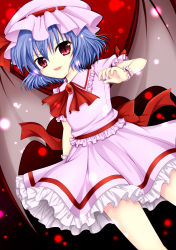 1girl absurdres asazuki_kanai bat_wings blue_hair brooch dress fangs female_focus hat hat_ribbon highres jewelry kanai_amachi red_eyes remilia_scarlet ribbon short_hair slit_pupils solo touhou wings wrist_cuffs