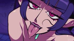 1girl animated animated_gif blue_hair crystal cum cum_in_mouth cum_on_body eyeshadow facial jewelry makeup necklace night nude pointy_ears red_eyes red_eyeshadow speedoru tongue tongue_out