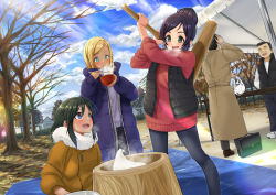 2boys 3girls absurdres autumn_leaves blue_sky breath chopsticks coat cold dark-skinned_female dark_skin eating extra facing_another flour food fur-trimmed_jacket fur_trim highres holding idolmaster idolmaster_cinderella_girls jacket kaiso_(kaisooekaki) kine layla_(idolmaster) leaf light_rays looking_at_another looking_at_object mallet mochi mochitsuki multiple_boys multiple_girls natalia_(idolmaster) outdoors padded_coat producer_(idolmaster) sky tree trench_coat yao_fueifuei