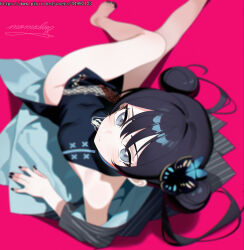 1girl absurdres bare_legs barefoot black_hair black_nails blue_archive blurry breasts butterfly_hair_ornament china_dress chinese_clothes double_bun dress from_above hair_bun hair_ornament highres jacket kisaki_(blue_archive) long_hair looking_at_viewer looking_up momobug22 nail_polish open_clothes open_jacket sitting small_breasts solo toenail_polish toenails twintails very_long_hair