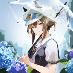 1girl absurdres animal_ears blue_eyes blush bright_pupils brown_hair cheval_grand_(umamusume) commentary ears_through_headwear flower hat highres holding holding_umbrella horse_ears horse_girl long_sidelocks looking_at_viewer outdoors peaked_cap puffy_short_sleeves puffy_sleeves rain school_uniform short_hair short_sleeves sidelocks solo tracen_school_uniform transparent transparent_umbrella umamusume umbrella upper_body white_pupils yoojp