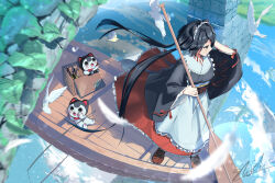 1girl absurdres animal_ears apron artist_name bag banken_(inui_toko) binoculars bird black_hair black_kimono black_sash blue_sky blurry blurry_foreground boat boots bottle box breasts bridge brown_footwear clawed_boots closed_mouth cloud commentary_request corked_bottle creature cross-laced_footwear day depth_of_field dog_ears eating falling_feathers feathers fishing fishing_rod floating_clothes flying frilled_apron frilled_skirt frills from_above hand_in_own_hair hand_up highres holding holding_binoculars holding_oar in_box in_container inui_toko inui_toko_(1st_costume) ivy japanese_clothes kimono long_hair long_skirt long_sleeves looking_ahead looking_at_animal low_twintails maid maid_headdress medium_breasts nijisanji oar obi obiage obijime on_boat outdoors paper_bag profile red_skirt reflection reflective_water river rowboat sash signature sitting skirt sky sloth_(s1othillust) smile standing stone_bridge twintails under_bridge very_long_hair virtual_youtuber wa_maid waist_apron watercraft white_apron white_bird white_feathers white_headdress wide_sleeves yellow_eyes