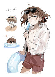 1boy :&lt; absurdres afloat androgynous blue_eyes blue_innertube braid brown_hair chibi collarbone crown_braid edgar_valden eyewear_on_head flat_chest food hair_bun highres holding holding_food holding_popsicle holding_swim_ring ice_cream identity_v innertube jewelry long_sleeves looking_at_viewer melting melting_popsicle necklace on_innertube open_clothes open_shirt popsicle red_shorts sand see-through_clothes see-through_shirt shirt short_eyebrows shorts sinzourrrrr solo sunglasses swim_ring swimsuit trap water white_shirt