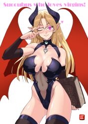 1girl absurdres adjusting_eyewear blonde_hair book breasts bridal_gauntlets collarbone demon_girl demon_horns demon_wings earrings elbow_gloves english_text glasses gloves glowing glowing_eyes heart highres holding holding_book horns jewelry large_breasts long_hair navel one_eye_closed original parted_lips pointy_ears purple_eyes skindentation solo spoken_heart standing stud_earrings tenpura_2 thighhighs translation_request white_background wings