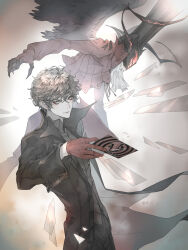 2boys amamiya_ren arsene_(persona_5) black_coat black_hair card coat gloves grey_eyes highres holding holding_card joker_(persona_5) looking_at_viewer multiple_boys persona persona_(summon) persona_5 ryokuyuu smile