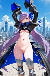 ai-generated bottomless breasts city fate/grand_order fate_(series) highres meltryllis meltryllis_(fate) meltryllis_(swimsuit_lancer)_(fate) navel no_panties no_pants purple_hair pussy shiny_skin underboob water