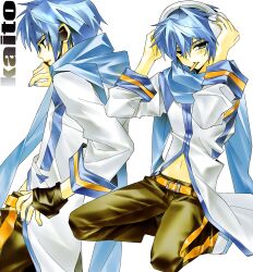 1boy absurdres blue_eyes blue_hair blue_nails blue_scarf coat headphones highres hynn0x_x kaito_(vocaloid) male_focus pale_skin scarf short_hair vocaloid white_coat