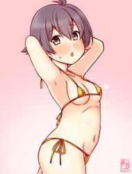 1girl antenna_hair armpits arms_behind_head artist_logo bikini breasts brown_eyes commentary_request covered_erect_nipples dated gold_bikini gradient_background grey_hair kanon_(kurogane_knights) kantai_collection logo one-hour_drawing_challenge pink_background sakawa_(kancolle) side-tie_bikini_bottom small_breasts solo sweat swimsuit