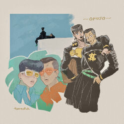2boys arm_on_another&#039;s_shoulder black_hair black_jacket black_pants blue_shirt brown_hair collared_shirt diamond_wa_kudakenai dollar_sign film_grain gakuran grey_hair hand_in_pocket heart heart-shaped_eyewear higashikata_josuke highres jacket jojo_no_kimyou_na_bouken low_ponytail male_focus multicolored_hair multiple_boys nijimura_okuyasu orange-framed_eyewear orange-tinted_eyewear orange_shirt pants peace_symbol pompadour ponytail red-tinted_eyewear school_uniform ship_name shirt short_ponytail sunglasses t_0nd tinted_eyewear two-tone_hair white-framed_eyewear yellow_shirt