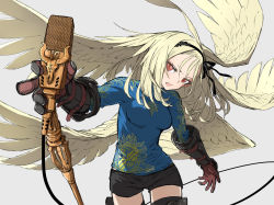 1girl animal_skull arakawa_(aintnoroom) black_gloves black_ribbon brown_gloves female_focus gloves grey_background hair_wings highres microphone microphone_stand multicolored_gloves open_mouth original red-eyes_macadamiachoco ribbon sharp_teeth short_shorts shorts simple_background skull solo teeth wings