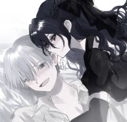 1boy 1girl akai_ringo_(eveyuno) black_dress black_hair bow dress hair_bow highres kissing_ear long_hair looking_at_another original white_background white_hair