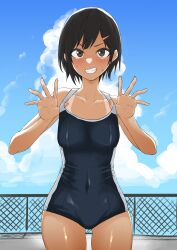 1girl absurdres black_hair blush brown_eyes commentary_request cowboy_shot fence fuku_(fuku12290574) grin hair_ornament hairclip highres looking_at_viewer one-piece_swimsuit original outdoors presenting_tanlines school_swimsuit short_hair smile solo strap_pull swimsuit tan tanline tanlines teeth v-shaped_eyebrows