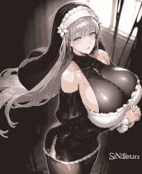 1girl arms_under_breasts baketsu bare_shoulders black_dress black_pantyhose black_veil blue_eyes breasts cleavage detached_sleeves dress earrings grey_hair highres huge_breasts jewelry juliet_sleeves long_hair long_sleeves microdress mole mole_on_breast nun original pantyhose pixel_art praying puffy_sleeves see-through_cleavage see-through_clothes solo veil very_long_hair