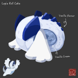 arrow_(symbol) artist_logo artist_name cake character-themed_food character_name cream food food_focus food_name gen_2_pokemon grey_background highres legendary_pokemon logo lugia nintendo no_humans pokemon pokemon_(creature) simple_background swiss_roll yuki00yo