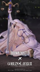 1girl armpits balance_scale blindfold blonde_hair breasts brown_dust_(series) brown_dust_2 copyright_name elbow_gloves from_side full_body gloves goblin_slayer! highres holding holding_sword holding_weapon kneeling large_breasts lips long_hair official_art official_wallpaper open_mouth robe sandals sideboob solo sword sword_maiden veil very_long_hair weapon weighing_scale white_gloves white_robe white_veil yellow_sandals