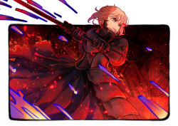 1girl armor armored_dress artoria_pendragon_(fate) black_dress blonde_hair dress excalibur_morgan_(fate) fate/stay_night fate_(series) faulds gauntlets highres holding holding_sword holding_weapon long_dress saber_alter solo standing sword ugo_(artist) weapon
