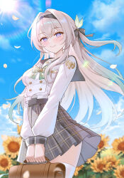 1girl absurdres bag black_bow blue_pupils blue_sky bow bowtie breasts brown_bag buttons closed_mouth commentary day double-breasted firefly_(honkai:_star_rail) firefly_(spring_missive)_(honkai:_star_rail) gradient_hair green_bow green_bowtie grey_hair grey_sailor_collar grey_skirt hair_bow hair_intakes highres holding holding_bag honkai:_star_rail honkai_(series) light_blush long_sleeves looking_at_viewer medium_breasts multicolored_hair official_alternate_costume outdoors plaid_clothes plaid_skirt purple_eyes sailor_collar school_bag school_uniform serafuku shirt skirt sky smile solo ssatang_118 symbol-only_commentary thighhighs thighs white_shirt white_thighhighs zettai_ryouiki