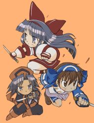 Rule 34 | 3girls, ainu clothes, attack, black hair, breasts, brown eyes, brown hair, chibi, clenched hands, fingerless gloves, gloves, grey eyes, hair ribbon, highres, hisashi kadota, leg up, legs, long hair, multiple girls, nakoruru, pants, rera, ribbon, rimururu, samurai spirits, serious, short hair, siblings, sisters, small breasts, snk, thighs, traditional media, weapon