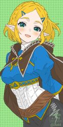 1girl arms_behind_back blonde_hair blush breasts cloak elf green_eyes highres looking_at_viewer medium_breasts nintendo open_mouth pointy_ears princess_zelda solo standing teeth the_legend_of_zelda upper_teeth_only xel4