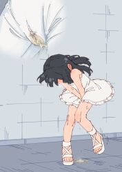 1girl absurdres between_legs black_hair blush collarbone commentary_request dress embarrassed flat_chest hand_between_legs have_to_pee highres large_variant_set long_hair multiple_views original pee pee_stain peeing peeing_self rune_(dualhart) sandals standing standing_on_one_leg toes variant_set white_dress white_sandals
