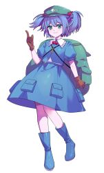 1girl aqua_eyes artist_request backpack bag blue_boots blue_hair blue_shirt blue_skirt boots brown_gloves collared_shirt commentary commentary_request english_commentary frilled_shirt_collar frills full_body gloves green_bag green_hat hair_bobbles hair_ornament hat highres kawashiro_nitori key looking_at_viewer mixed-language_commentary psd_available puffy_short_sleeves puffy_sleeves rubber_boots second-party_source shirt short_hair short_sleeves skirt solo tachi-e touhou transparent_background two_side_up
