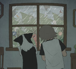 absurdres animal avogado6 ball basketball_(object) dog facing_away grey_hair highres indoors leaning_to_the_side looking_outside original rain shirt short_sleeves storm tree umbrella wind window