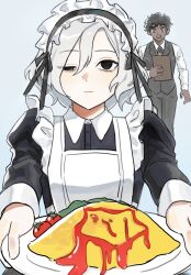 2boys alternate_costume apron bags_under_eyes bazyrak_karlcoux black_dress black_eyes black_hair blue_eyes cherry_tomato crossdressing curly_hair dark-skinned_male dark_skin dress dungeon_meshi elf enmaided food formal_clothes frilled_apron frills grey_background grey_hair highres holding holding_food holding_plate kabru ketchup lazy_eye looking_at_viewer maid maid_apron maid_headdress male_focus male_maid mithrun multiple_boys notched_ear omelet omurice open_mouth pants plate pointy_ears shirt short_hair simple_background suit sweatdrop tomato uneven_eyes vest waiter waitress wavy_hair white_apron white_shirt