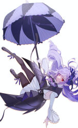 Rule 34 | 1girl, absurdres, black nails, black shoes, breasts, commentary, dress, drill hair, full body, hairband, highres, holding, holding umbrella, long hair, long sleeves, looking at viewer, mole, mole under eye, open mouth, pantyhose, pointy ears, purple hair, purple hairband, purple umbrella, red eyes, shoes, sideboob, simple background, solo, twitter username, umbrella, vivian banshee, white background, zenless zone zero, zunda kaku