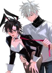 2boys alternate_costume animal_collar animal_ears black_eyes black_hair black_leotard black_pants black_shirt blush cheng_xiaoshi closed_mouth collar collarbone cowboy_shot crossdressing detached_collar fake_animal_ears fake_tail fang fishnet_pantyhose fishnets grey_eyes hair_between_eyes hand_on_another&#039;s_thigh highleg highleg_leotard highres holding holding_leash jacket leaning_forward leash leash_pull leotard long_sleeves looking_at_another looking_at_viewer lu_guang male_focus male_playboy_bunny multiple_boys open_mouth pants pantyhose playboy_bunny ponytail rabbit_ears rabbit_tail red_collar red_leash shannontay67979 shiguang_dailiren shirt short_hair short_ponytail simple_background standing strapless strapless_leotard sweatdrop sweater tail torn_clothes torn_pantyhose turtleneck white_background white_hair white_sweater wrist_cuffs yaoi