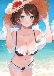Rule 34 | 1girl, beach, bikini, black bikini, blue sky, breasts, brown hair, cleavage, cloud, day, frilled bikini, frills, green eyes, hanae haruka, hat, horizon, leaning forward, medium breasts, ocean, original, outdoors, short hair, sky, solo, straw hat, sun hat, swept bangs, swimsuit, thigh gap