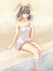 1girl aikun2012 breasts cleavage green_eyes head_wings highres melia_antiqua silver_hair solo towel wings xenoblade xenoblade_chronicles_(series) xenoblade_chronicles_1
