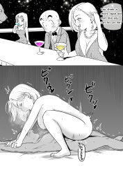 1boy 1girl android_18 bald bald_male black_eyes blush breasts cleavage couple dragon_ball drinking english_text formal_clothes happy husband_and_wife jewelry kuririn necklace pearl_necklace sex sitting sitting_on_person smile sound_effects speech_bubble sweat thick_thighs thighs